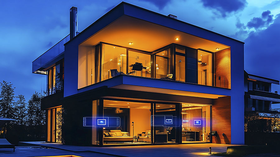 Modern smart home illuminated at night.